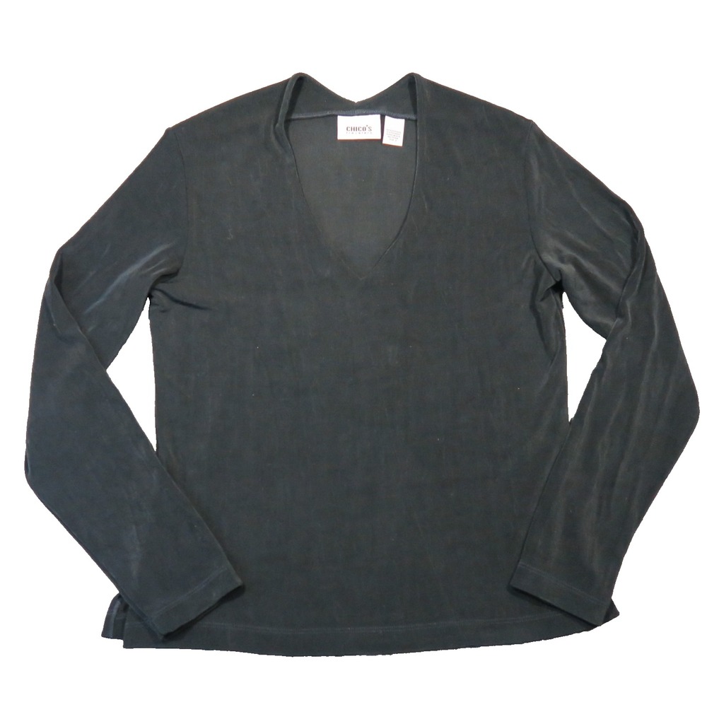 Vtg 90s Chicos Travelers V-Neck Top 1 Black Slinky Ribbed Long Sleeve Minimalist
